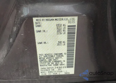 2015 Nissan Altima 2.5 Sl из США, поврежденный, VIN 1N4AL3AP1FC249039